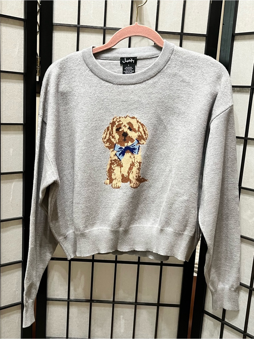 Justify Gray Sweater with Blue Bow Puppy Motif women SIZE S